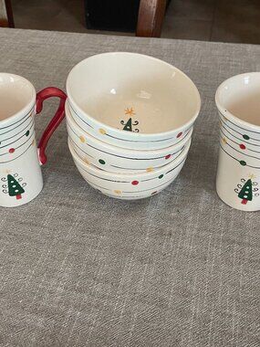 Living Art Holiday Christmas Lights Hand Painted Ceramic Bowls & Mugs Set of 5!